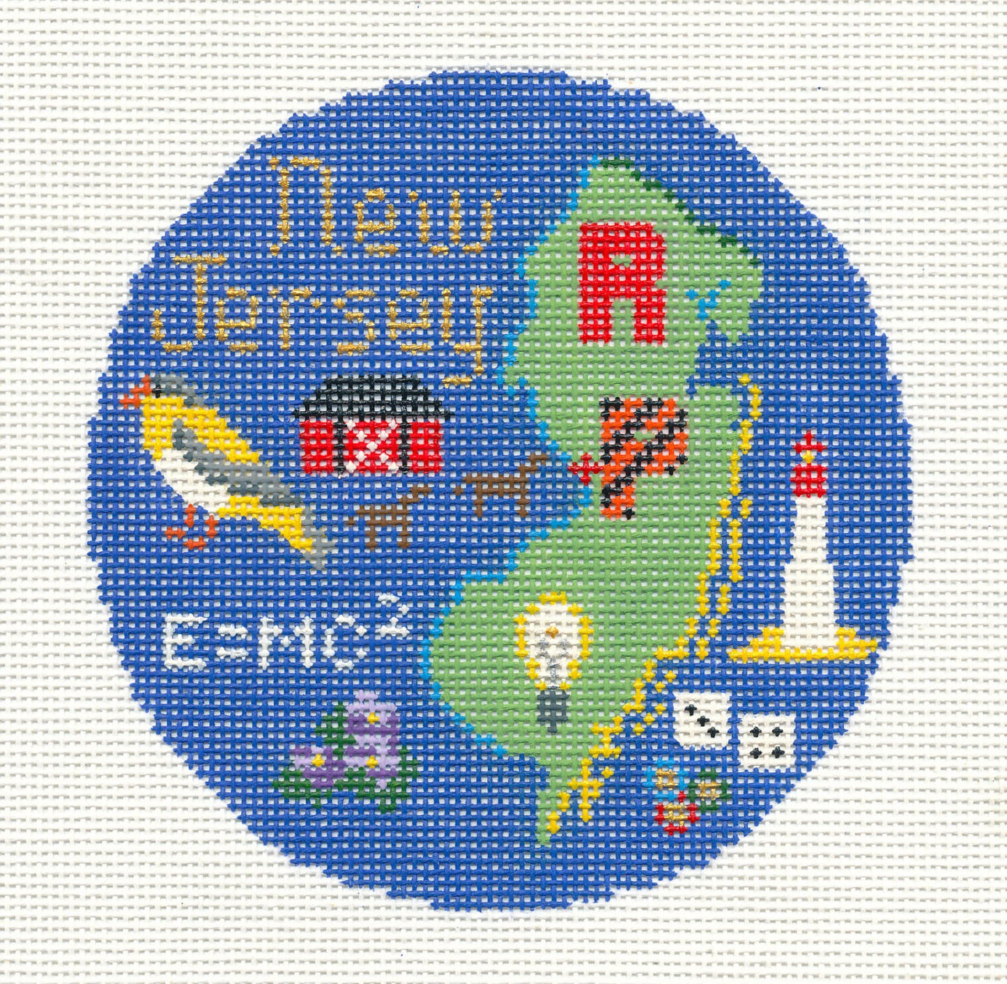 Travel Round ~ State of New Jersey handpainted 4.25" Needlepoint Canvas by Silver Needle