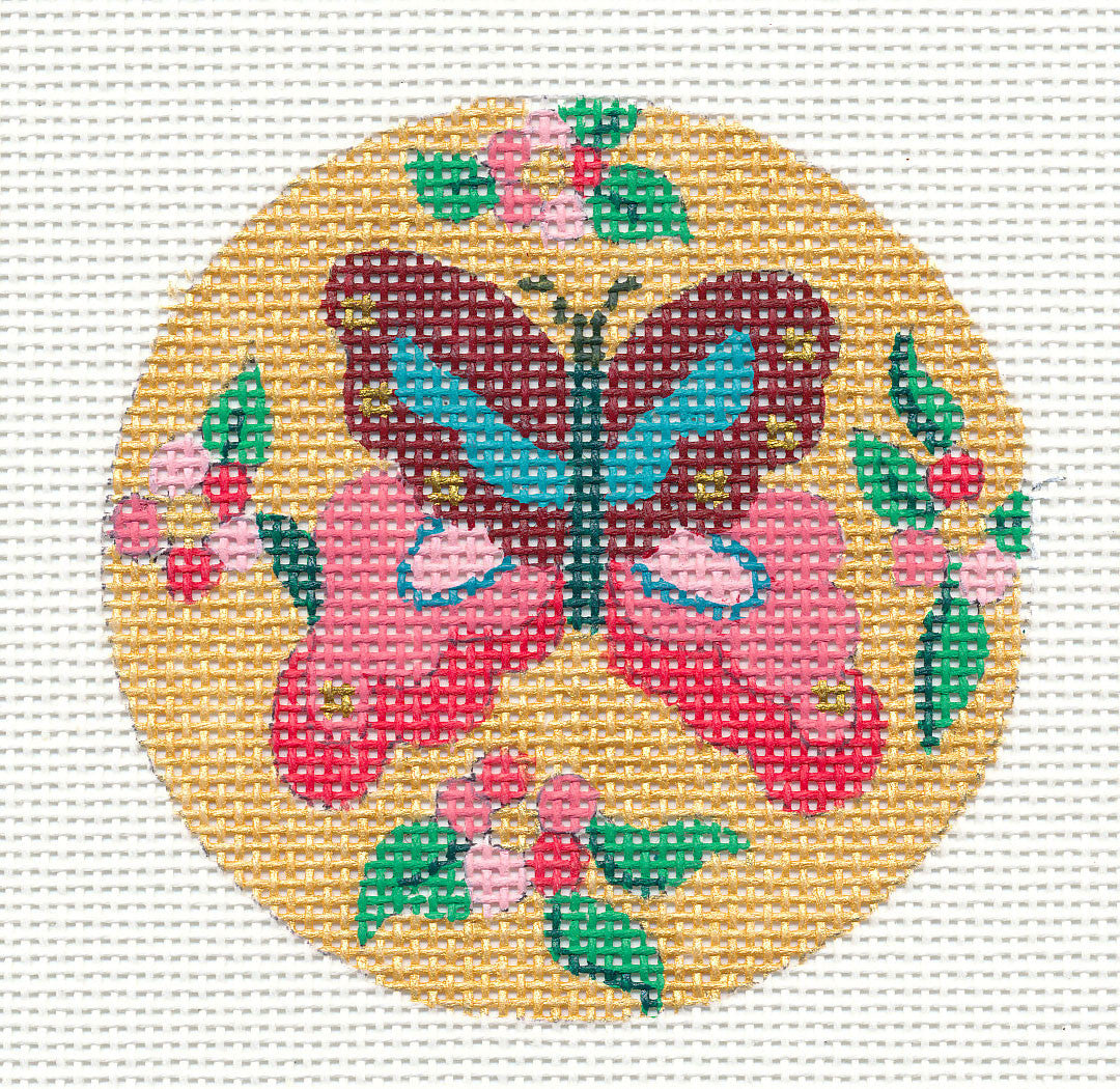 Round ~ Red Cloisonné Butterfly Ornament on Hand Painted Needlepoint Canvas by JulieMar