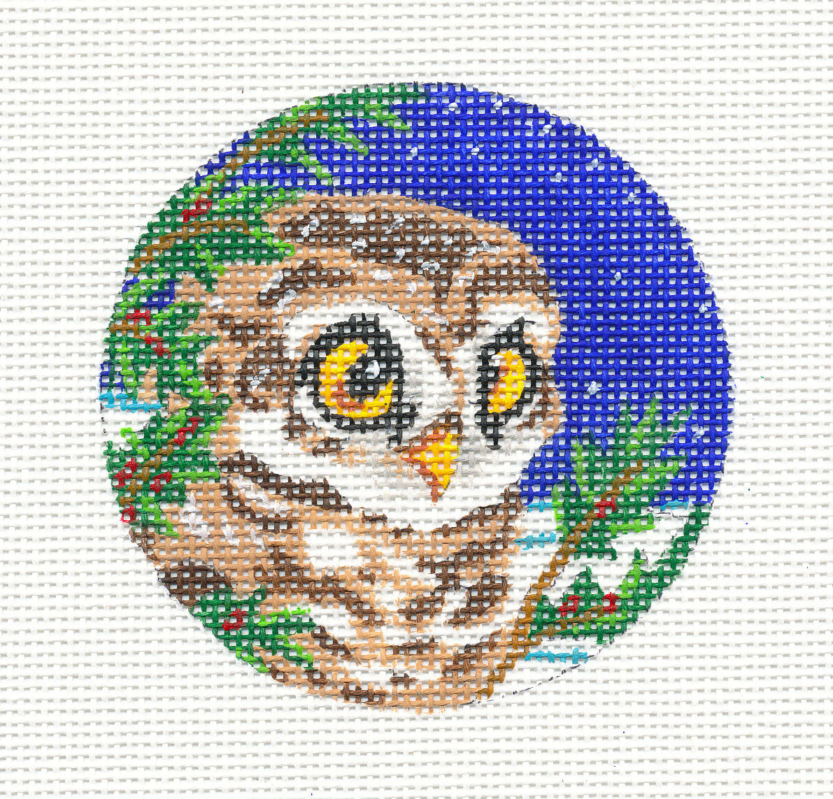 3" Round ~ Woodland Owl Ornament on handpainted 18 mesh Needlepoint Canvas by Kamala from PLD