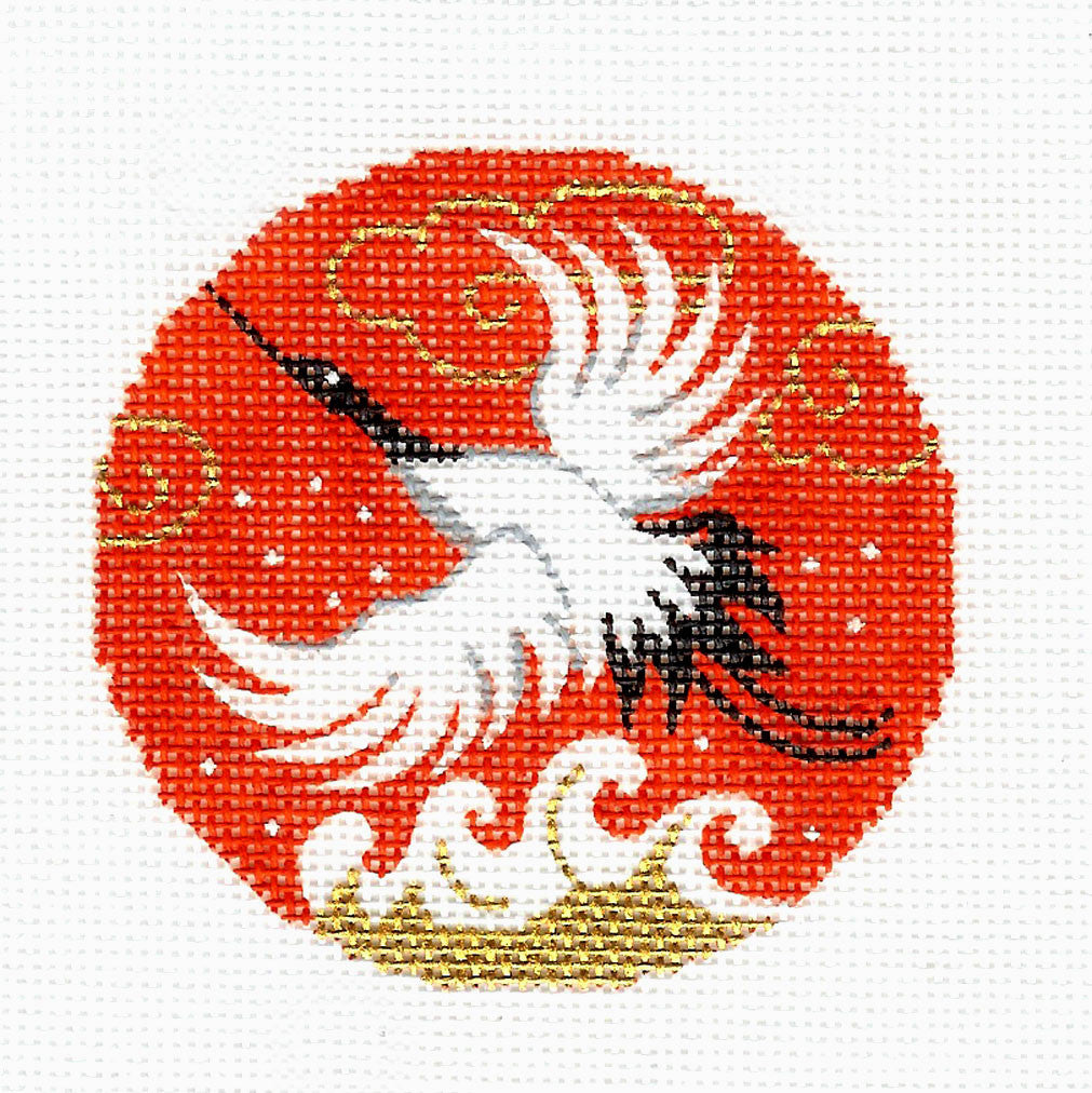 Round ~ Oriental Flying Crane Wedding 3" Rd. 18 mesh Handpainted Needlepoint Ornament Canvas by LEE