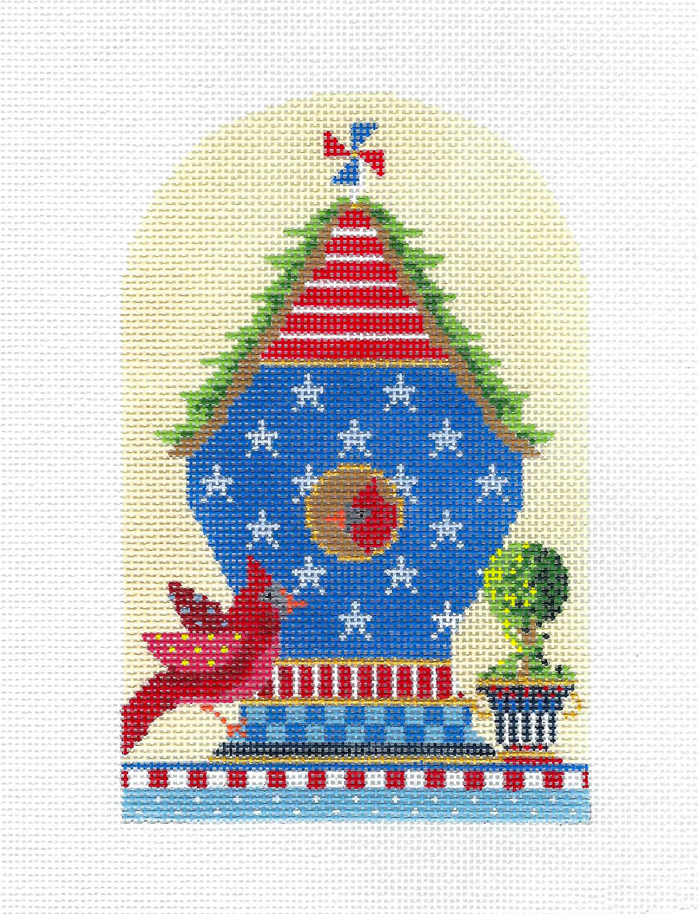Kelly Clark ~ Birdhouse Summer Patriotic Cardinals handpainted Needlepoint Canvas by Kelly Clark