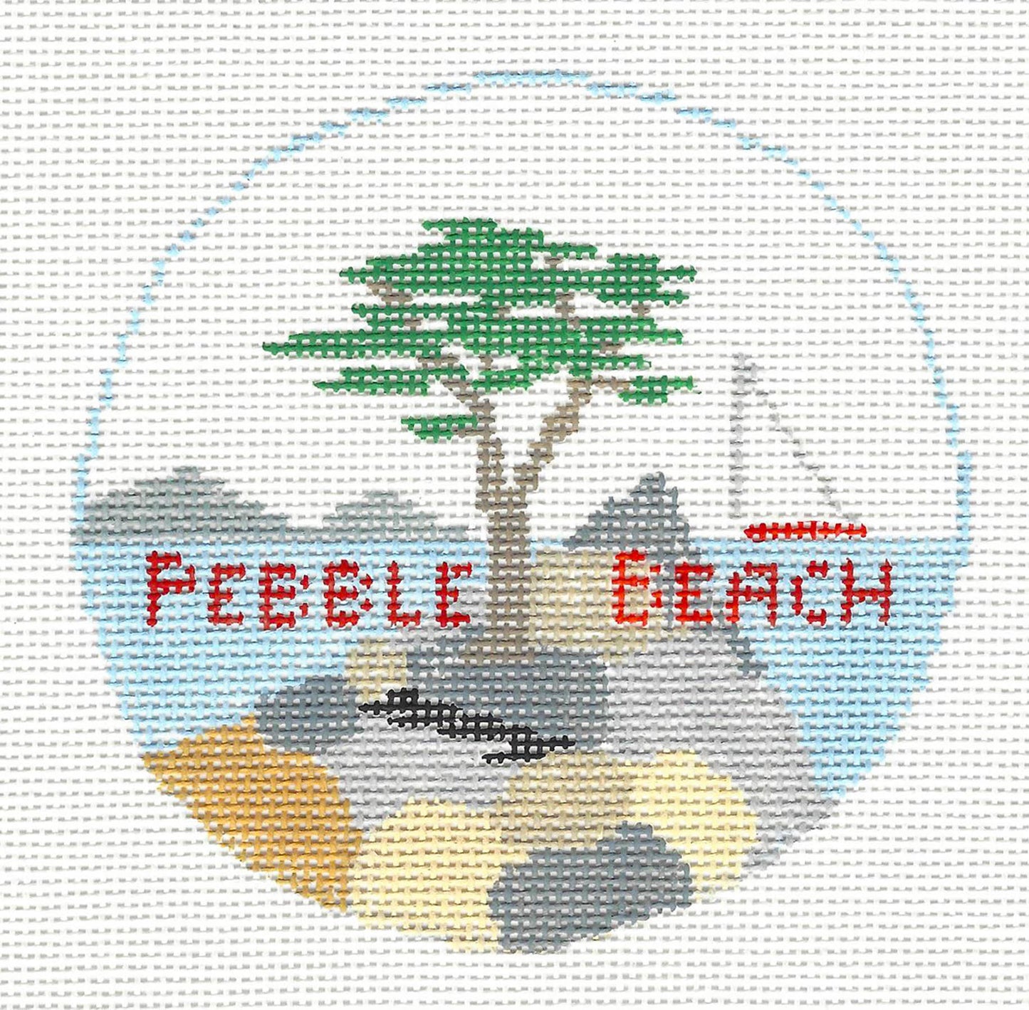 Travel Round ~ Pebble Beach, California handpainted 18 Mesh Needlepoint Canvas by Kathy Schenkel
