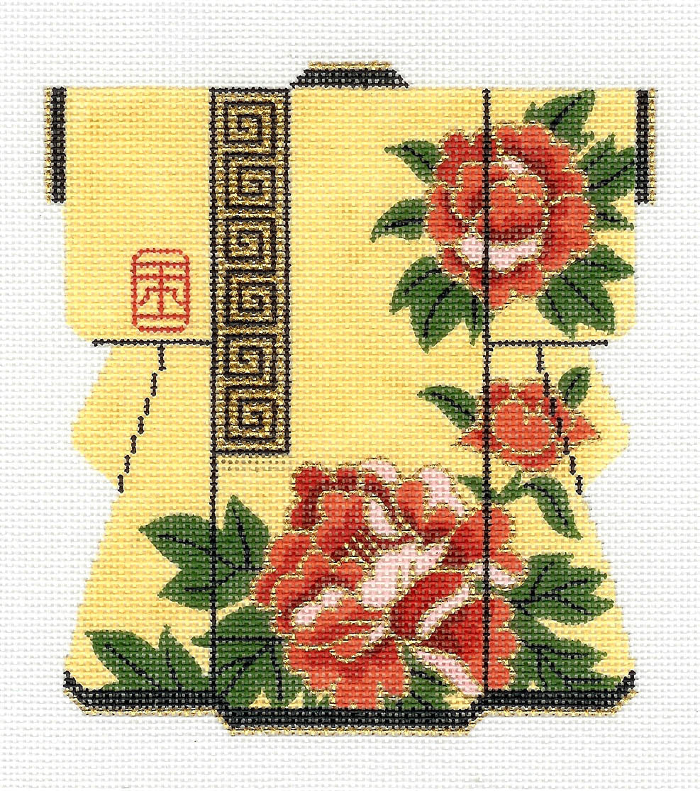 Kimono ~ Oriental Peony Blossoms on Yellow Medium Kimono 18 Mesh handpainted Needlepoint Canvas by LEE