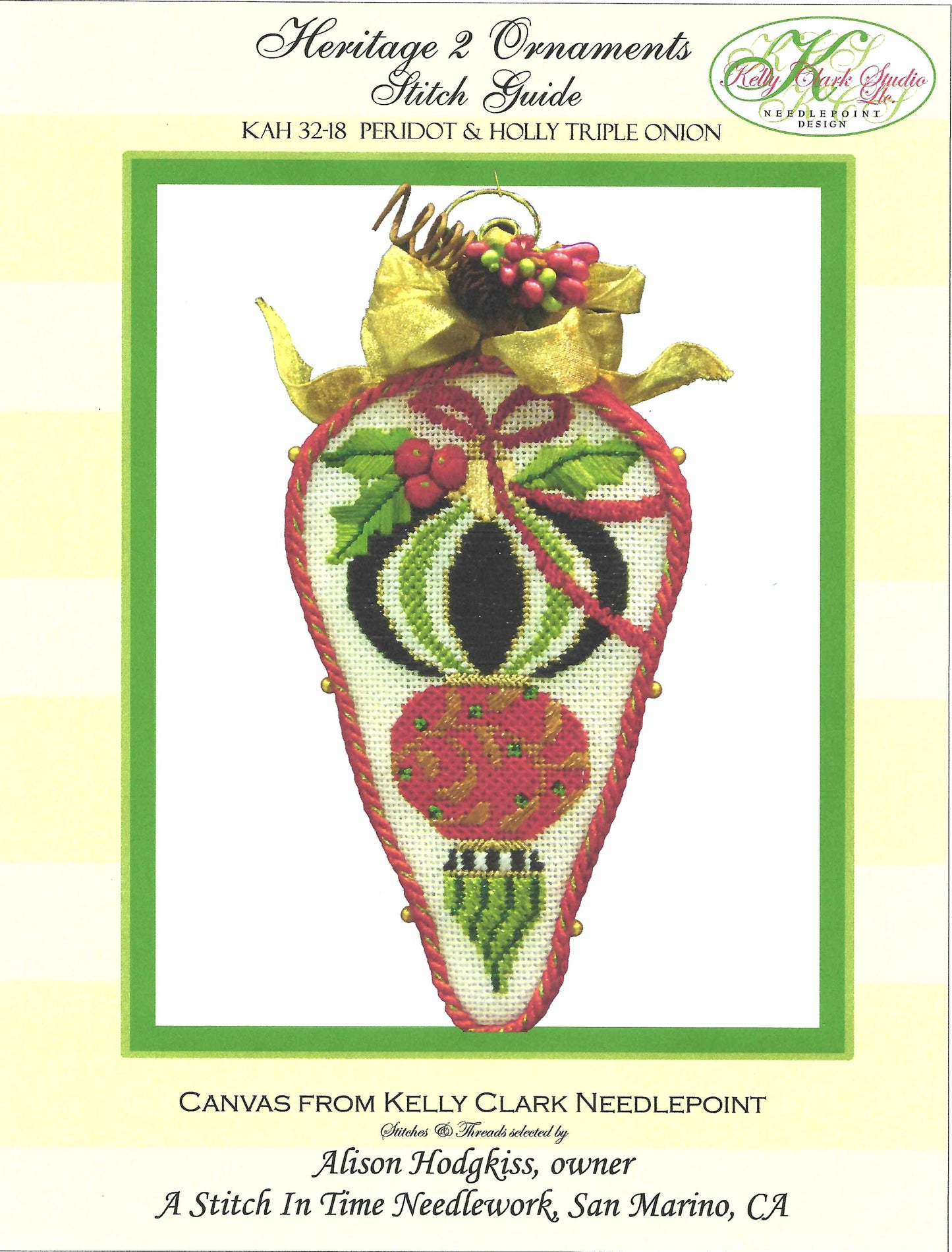 Christmas ~ Peridot Green, Red & Black Triple Onion Ornament with Holly & STITCH GUIDE handpainted Needlepoint Canvas by Kelly Clark