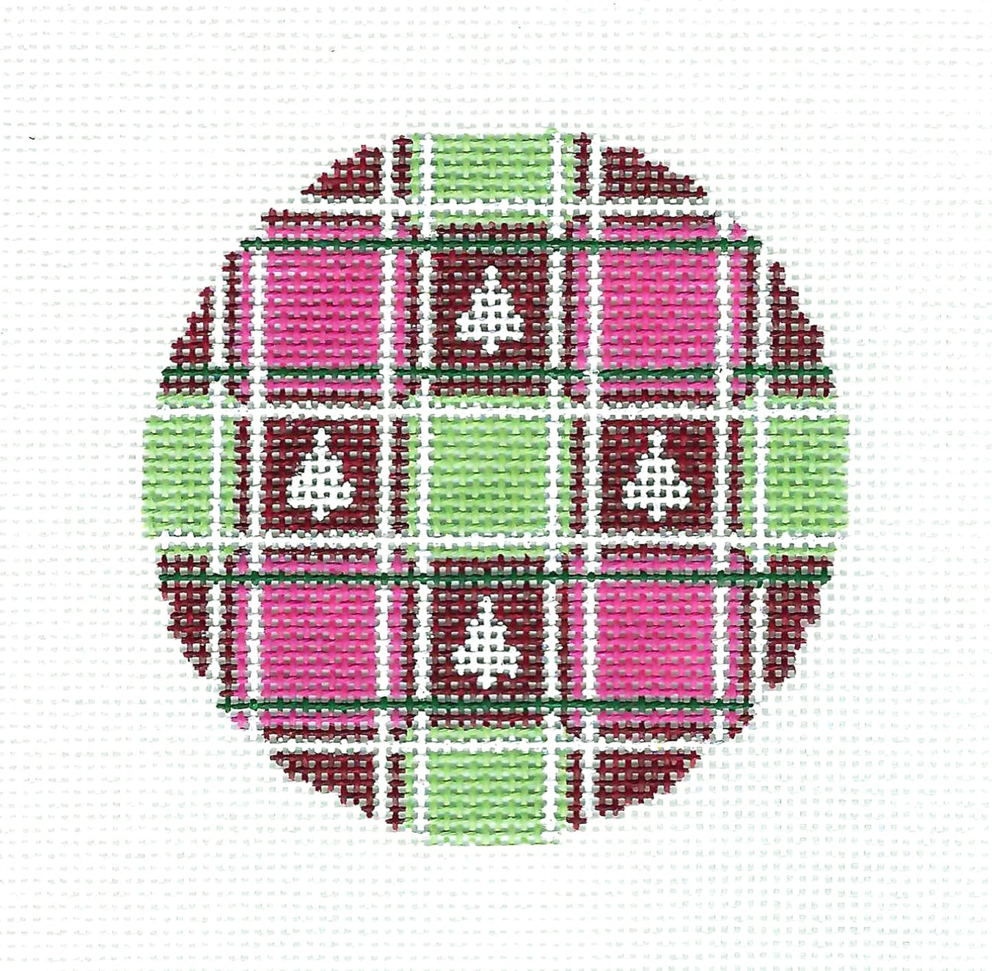 3" Round ~ Cranberry and Green Plaid with White Trees 3" Round Ornament handpainted Needlepoint Canvas by Needle Crossings