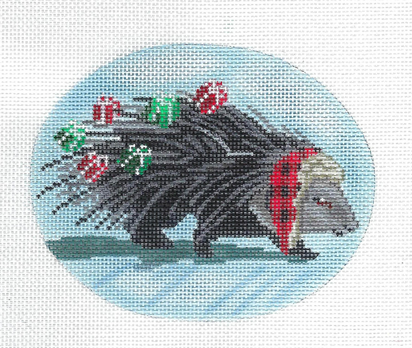 Oval ~ Porcupine with Gifts handpainted Oval Needlepoint Canvas by Scott Church
