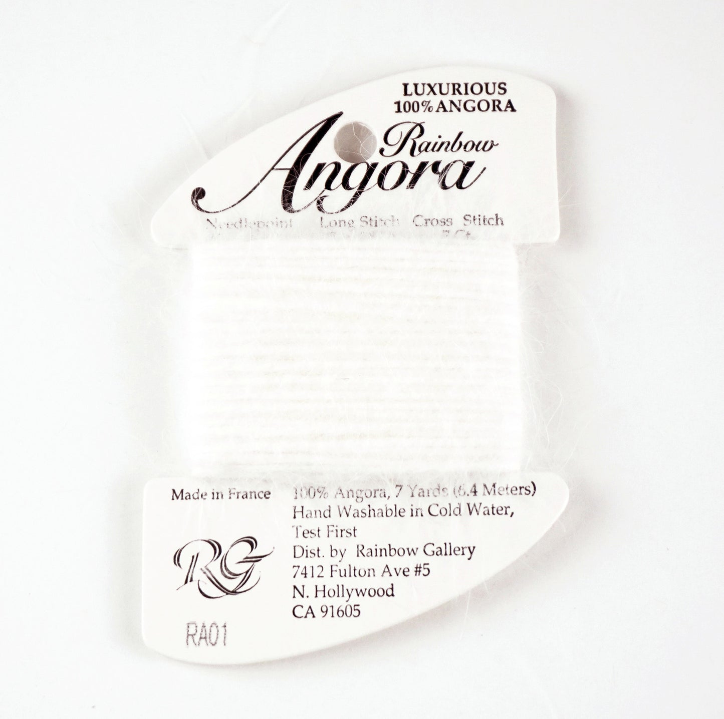 Angora Fiber "White" #RA01 a 7 Yd. Card of Needlepoint Stitching Thread by Rainbow Gallery