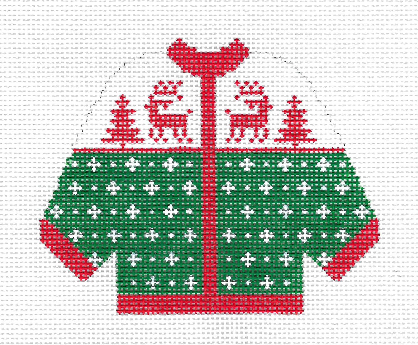 Sweater ~ 2 Reindeer in Red KNITTED CARDIGAN SWEATER handpainted 13 Mesh Needlepoint Canvas Silver Needle