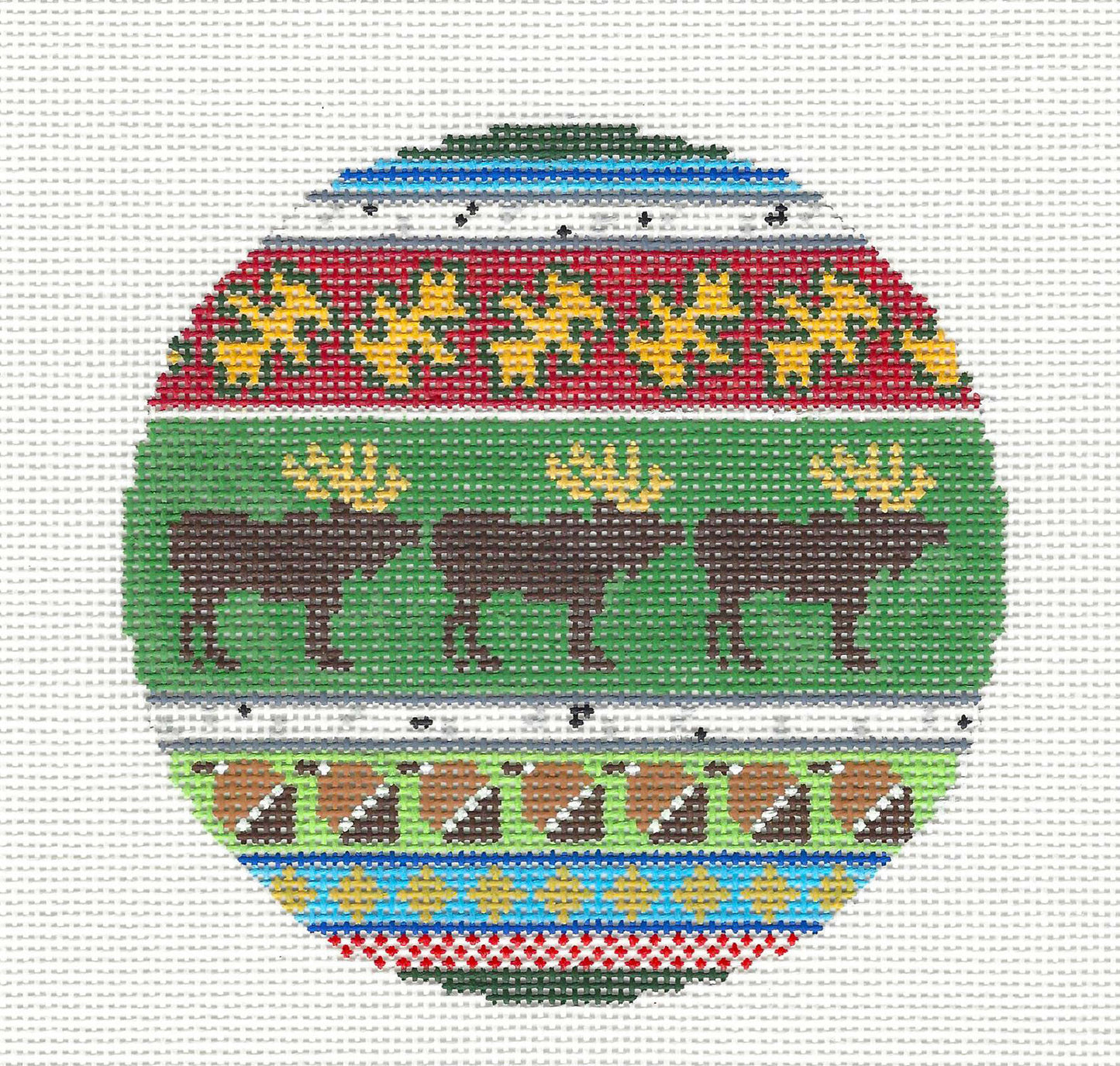 Round ~ 3 Moose & Acorns handpainted 18 mesh, 4.25" Needlepoint Canvas by Silver Needle