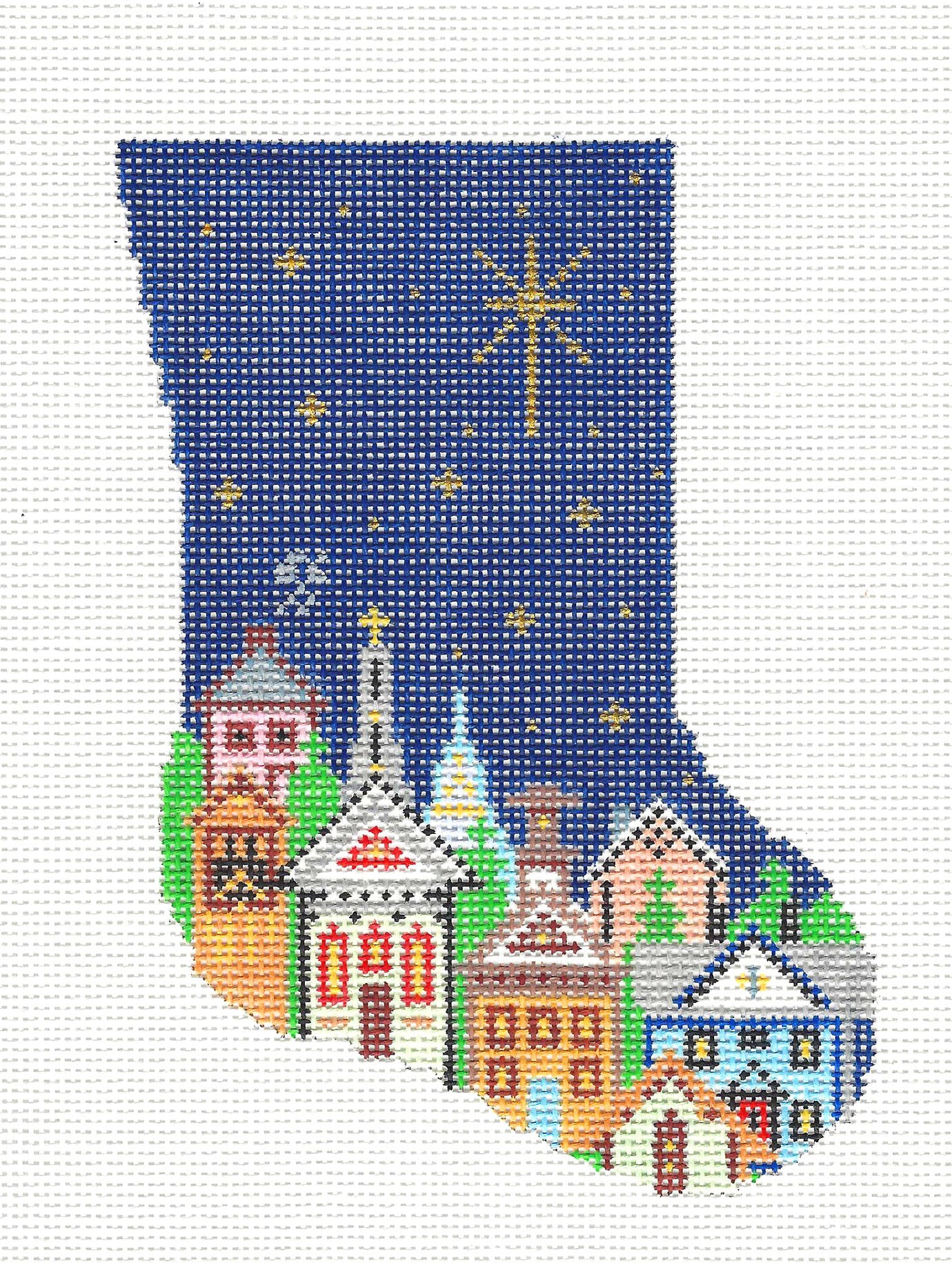 Stocking ~ Christmas Star Over the Village at Christmas Mini Stocking 18 Mesh handpainted Needlepoint Canvas by Silver Needle