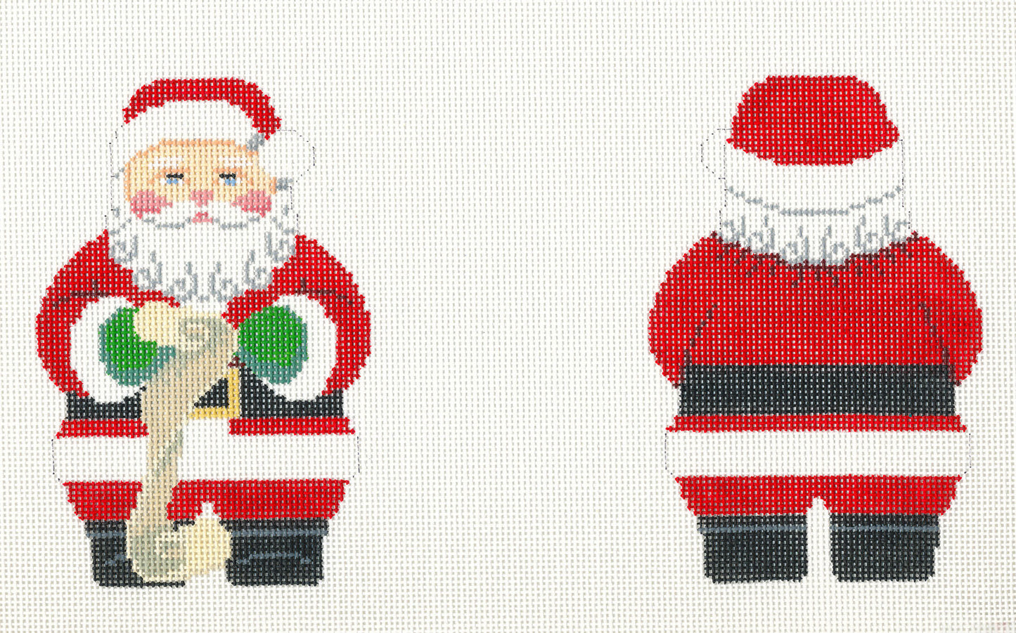 2 Sided ~ Red Coat Santa with List Ornament handpainted 18 Mesh Needlepoint Canvas by Susan Roberts