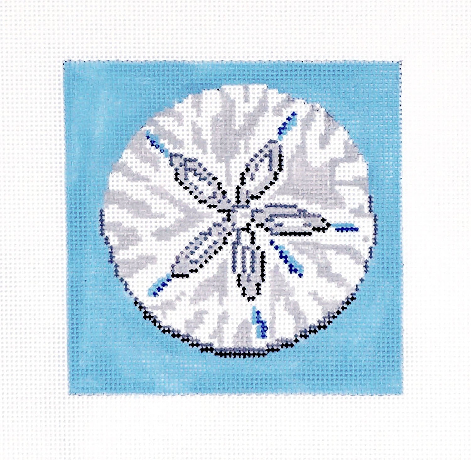 Seaside Canvas ~ White Sand Dollar on Blue 18 Mesh handpainted 4 Sq.  Needlepoint Canvas by Needle Crossings