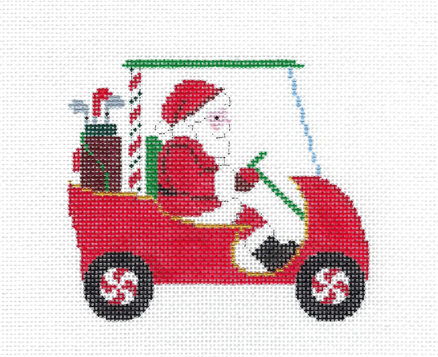 Christmas ~ SANTA CLAUS Driving a Golf Cart Sports 18 mesh handpainted Needlepoint Ornament Canvas by Susan Roberts