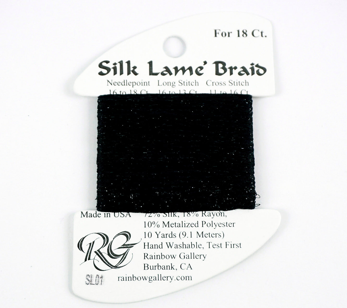 Silk Lame' Braid ~ Jet Black #SL01 Silk Lame' Braid 10 Yds for 18 Mesh Needlepoint by Rainbow Gallery