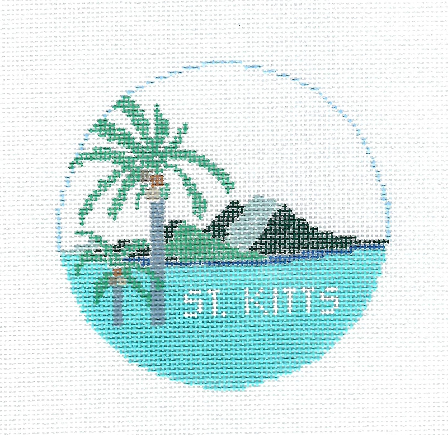 Travel ~ ISLAND of ST. KITTS 4" Rd. handpainted 18 Mesh Needlepoint Canvas by Kathy Schenkel