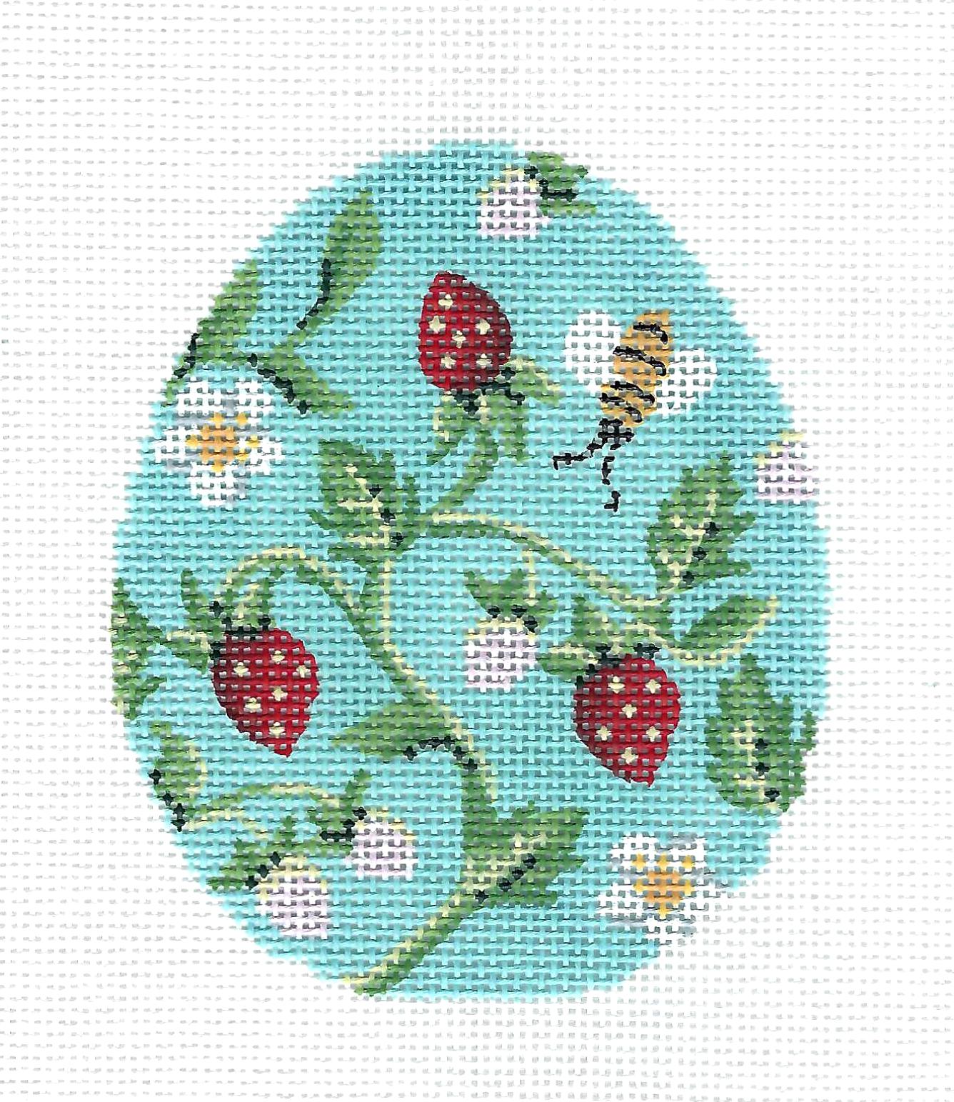Kelly Clark ~ Strawberries and Bumble Bee EGG handpainted Needlepoint Canvas by Kelly Clark