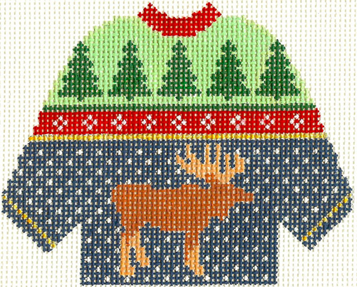 Sweater ~ Moose in North Woods Trees handpainted 13 Mesh Needlepoint Canvas by Silver Needle