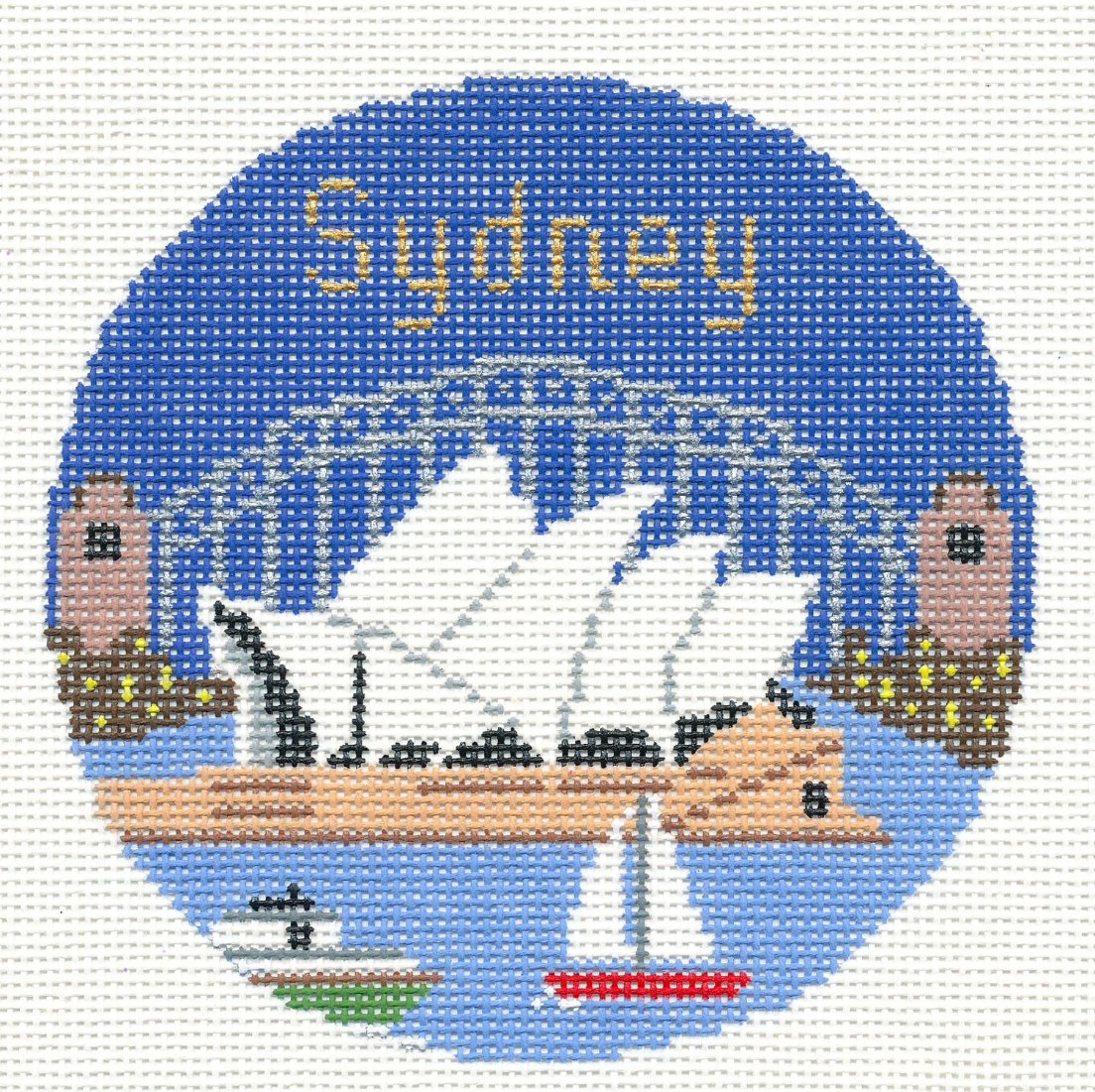 Travel Round ~ SYDNEY, AUSTRALIA Harbor with the Opera House 4.25" handpainted 18 Mesh Needlepoint Canvas by Silver Needle