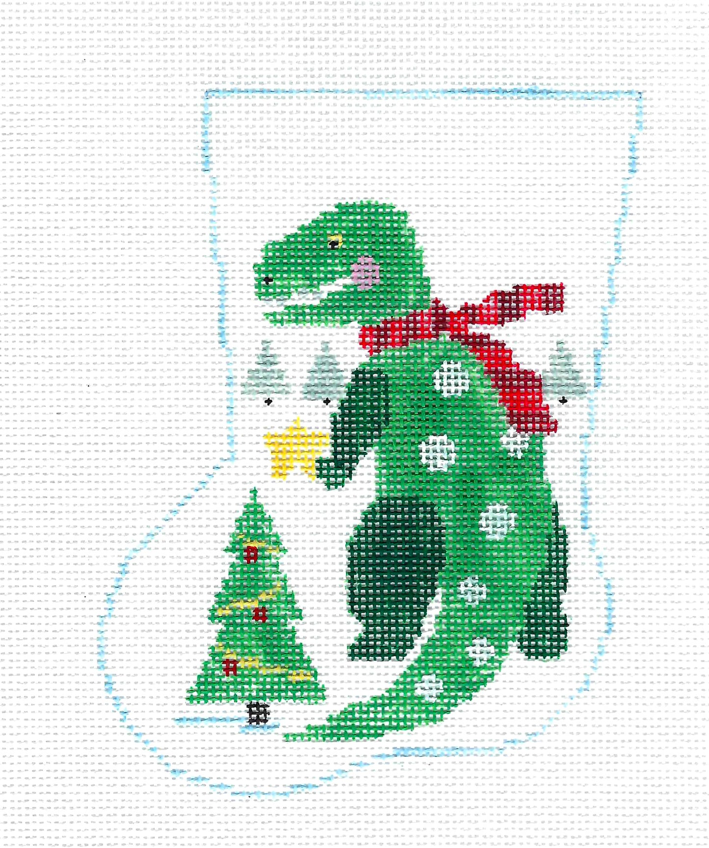 Mini Stocking ~ T Rex Dinosaur with His Christmas Tree Child's handpainted 18 Mesh Needlepoint Mini Stocking Ornament by Kathy Schenkel