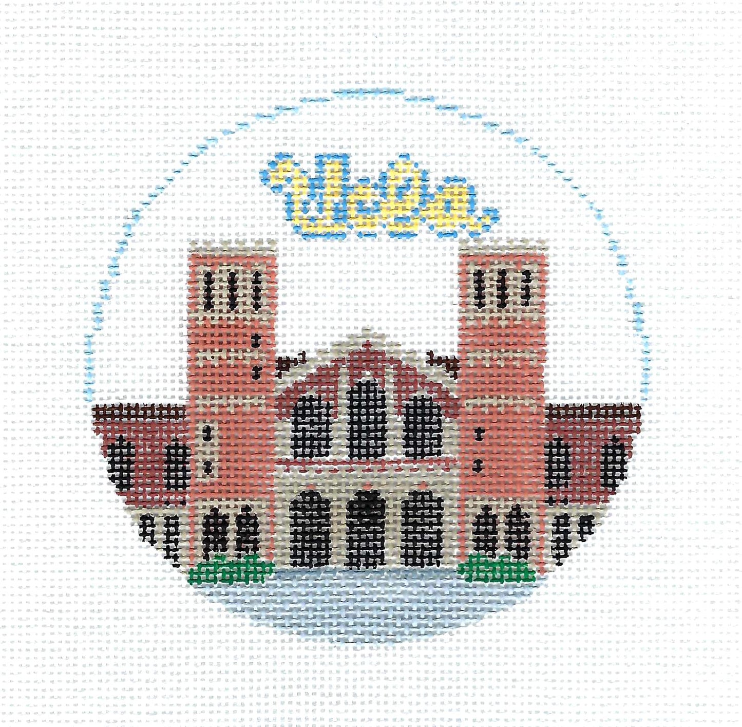 Travel Round ~ UCLA ~ University of California in Los Angeles 18 Mesh handpainted 4" Needlepoint Canvas by Kathy Schenkel