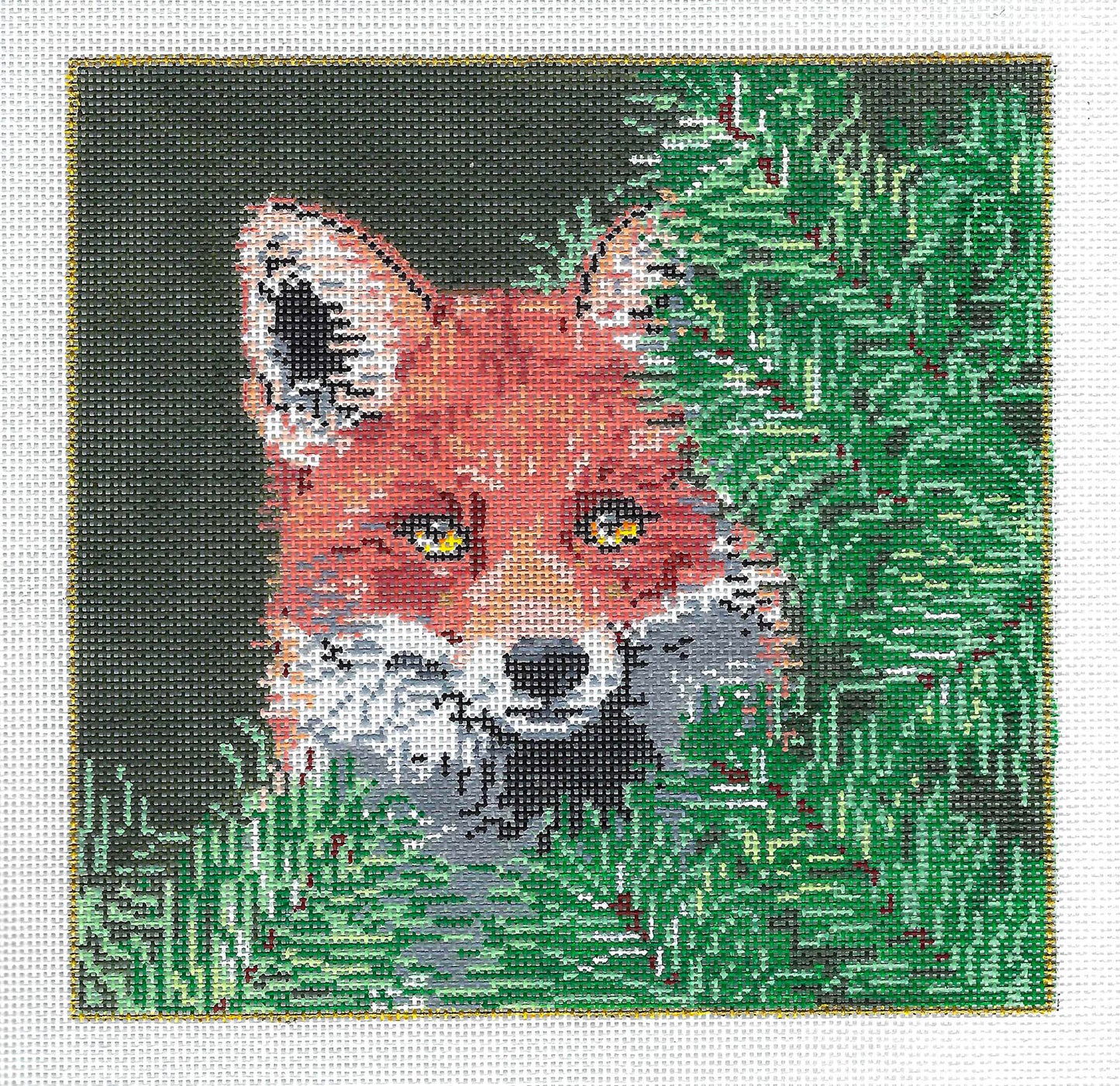 Fox Canvas ~ THE VIXEN ~ Red Fox in Pine Trees 18 Mesh handpainted 7" Sq. Needlepoint Canvas by Sandra Gilmore
