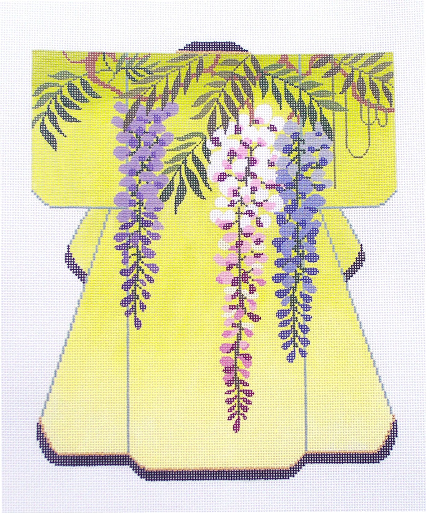 Kimono ~ Wisteria Blossoms on Yellow/green background Oriental LG. Kimono handpainted Needlepoint Canvas by LEE