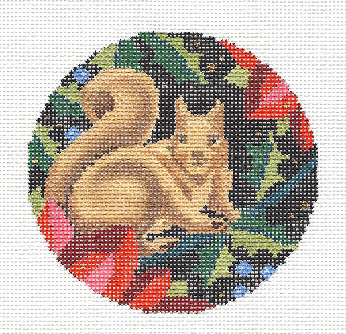 Christmas ~ Woodland Squirrel & Poinsettia 18 Mesh handpainted 4" Rd. Needlepoint Canvas by Abigail Cecile Juliemar