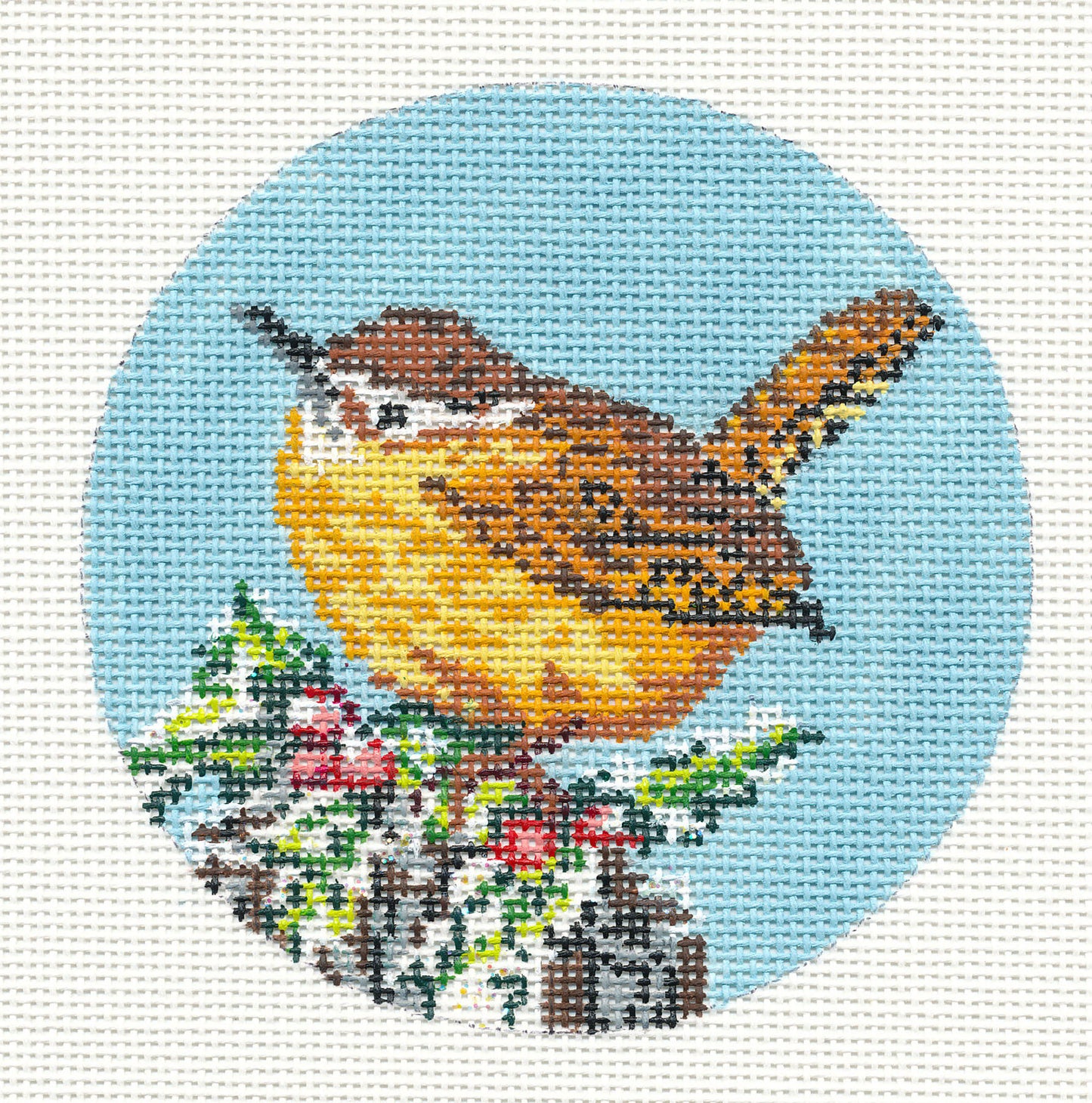 Bird Round ~ Carolina Wren Bird 4" Ornament handpainted 18 mesh Needlepoint Canvas by Needle Crossings
