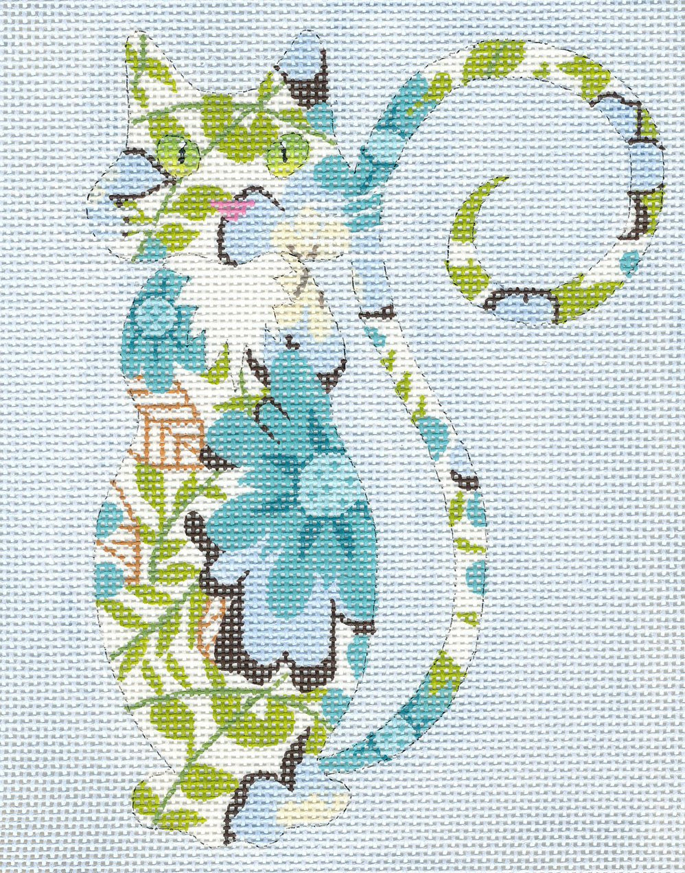 Cat Canvas ~ Sophisticated Floral Cat handpainted Needlepoint Canvas Ornament or Insert LEE