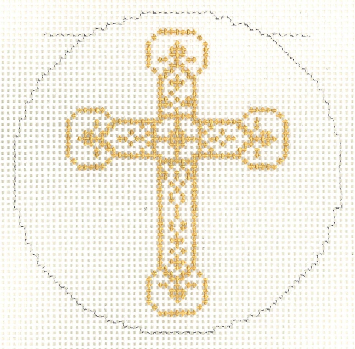 Cross ~ Elegant 3" Rd. Gold Ornate CROSS handpainted Needlepoint Canvas Ornament by LEE