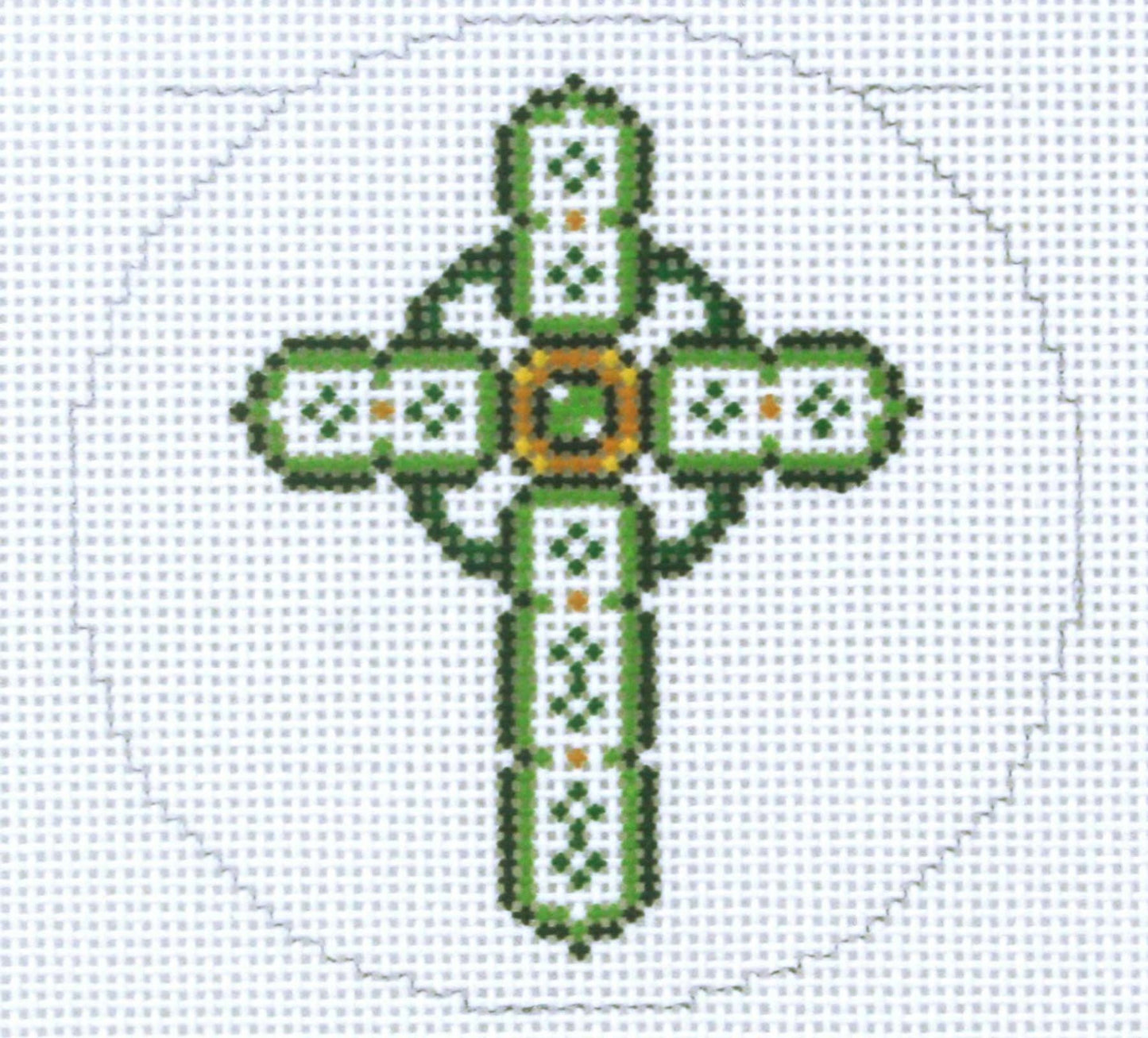 Cross ~ Elegant Green Celtic CROSS handpainted 18 Mesh Needlepoint Canvas 3" Rd. Ornament by LEE