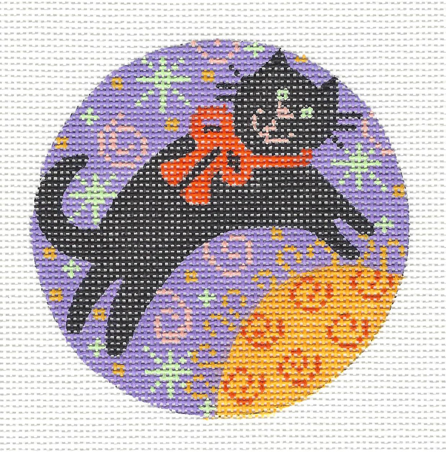 Autumn Cat Round ~ Black Cat Jumping Over the Moon Ornament on 18 Mesh Handpainted Needlepoint Canvas by CH Designs