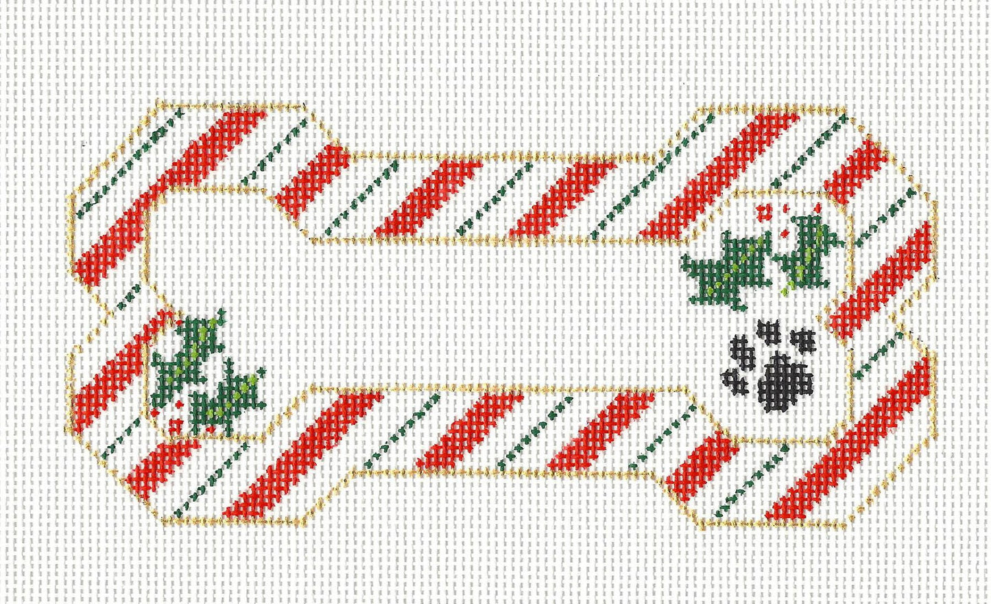 Dog Bone ~ Striped Red & White with Holly Handpainted Needlepoint Canvas Ornament by Danji