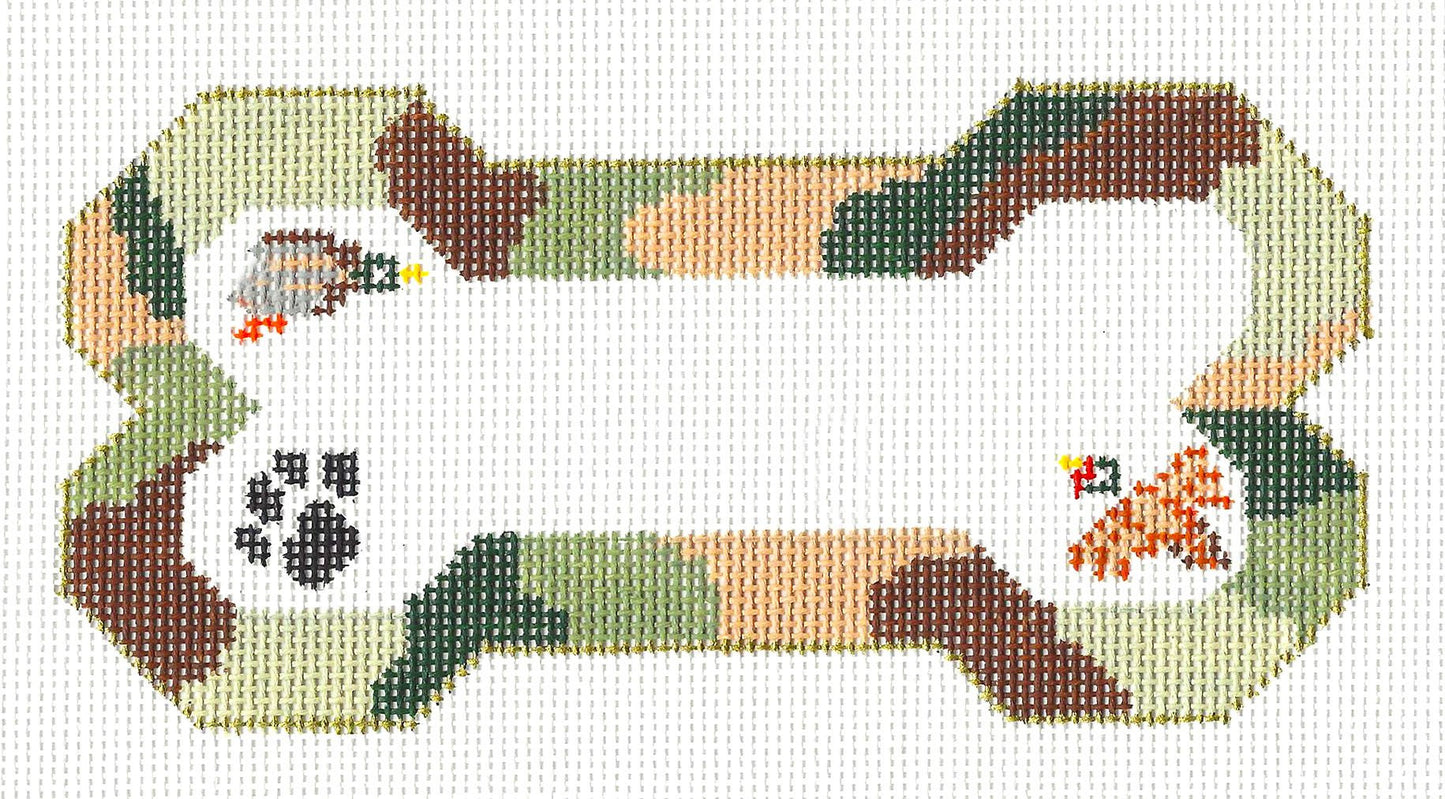 Dog Bone ~ Hunter's Camouflage with Duck & Pheasant handpainted Needlepoint Canvas Ornament