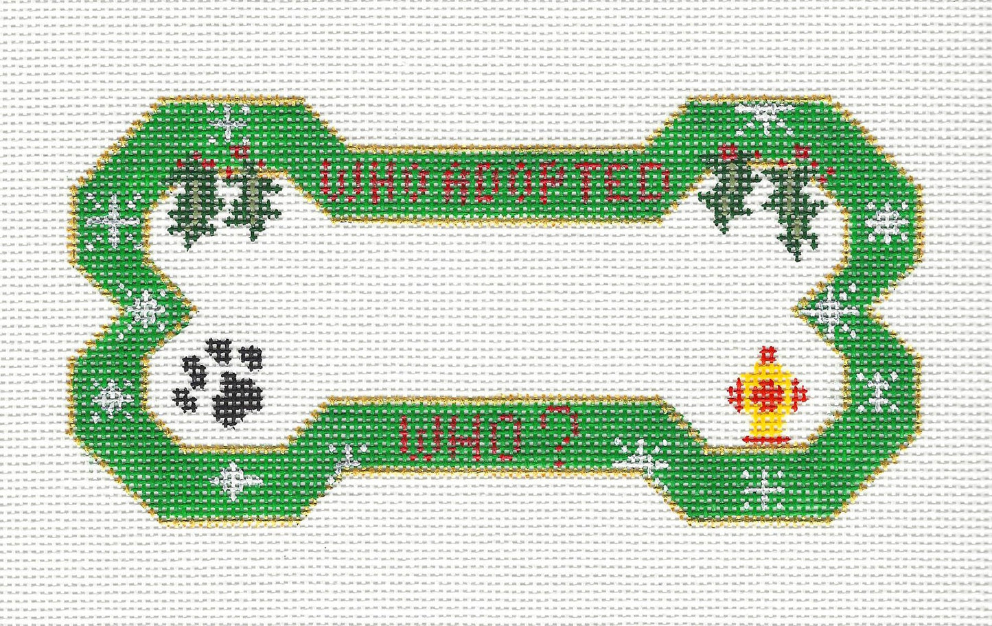 Dog Bone ~ "Who Adopted Who?" handpainted Needlepoint Canvas Ornament from Danji