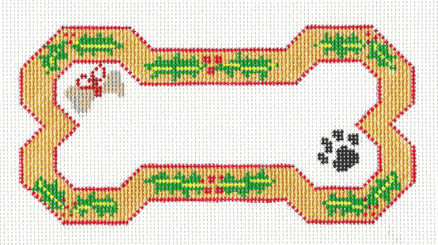 Dog Bone ~ Golden Holly Handpainted Needlepoint Canvas Ornament from Danji