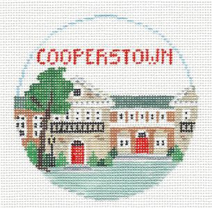 Travel Round ~ COOPERSTOWN, NEW YORK ~BASEBALL~ 4" Rd. handpainted 18 Mesh Needlepoint Canvas by Kathy Schenkel