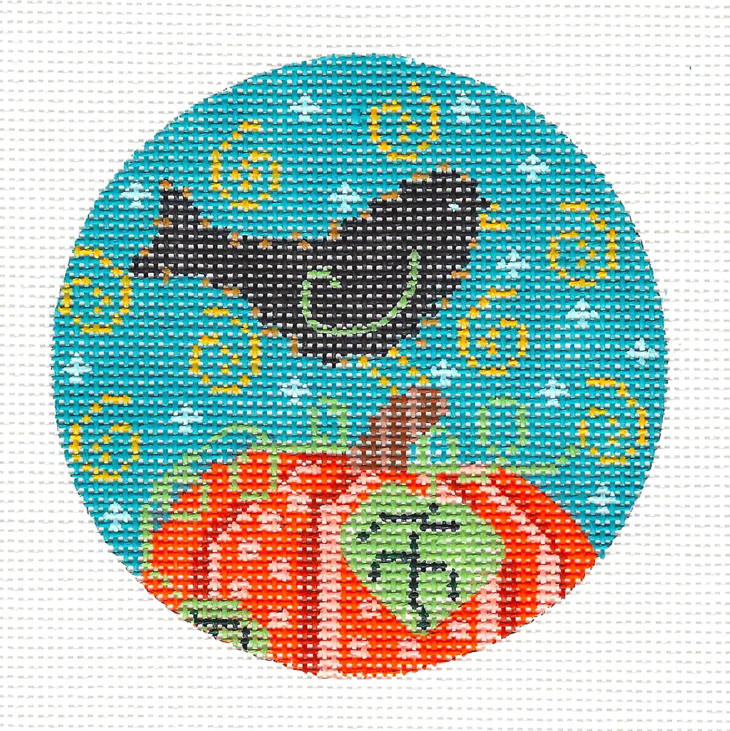 Autumn Bird ~ Black Crow Standing on a Pumpkin 4" Ornament on 18m Handpainted Needlepoint Canvas by CH Designs
