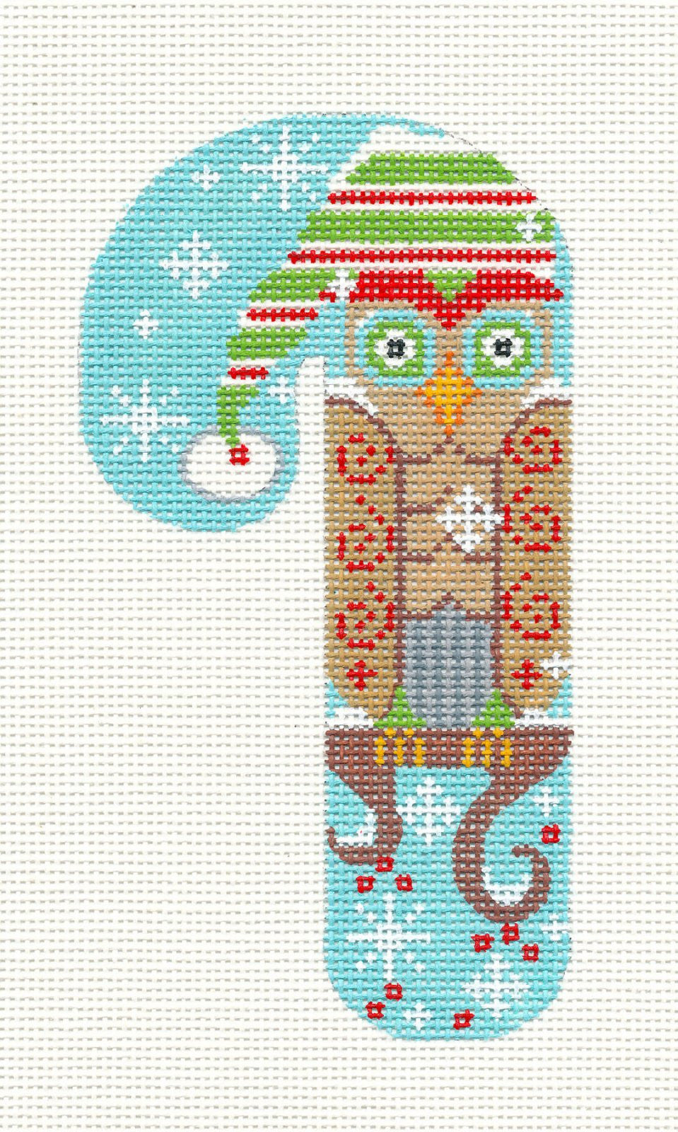 Medium Candy Cane ~ Owl Ornament on hand painted Needlepoint Canvas by CH Designs from Danji