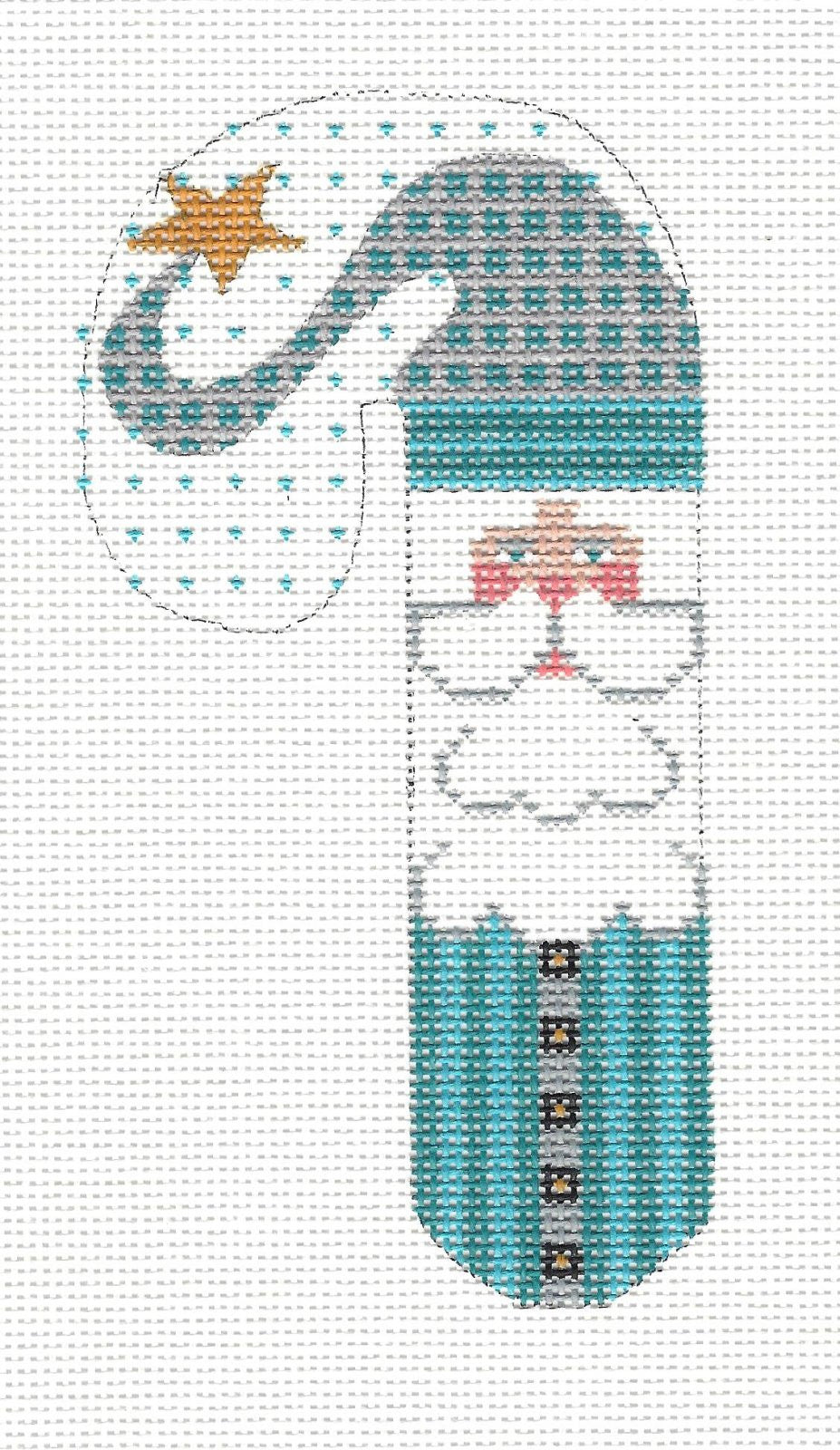 Candy Cane ~ Santa in Teal With Gold Star Medium Candy Cane Ornament handpainted Needlepoint Canvas From Danji