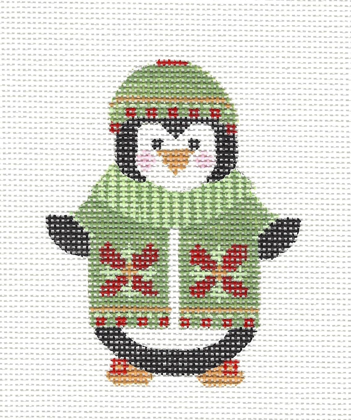 Penguin in Green Jacket Ornament with S/G on hand painted Needlepoint Canvas **SP. ORDER**