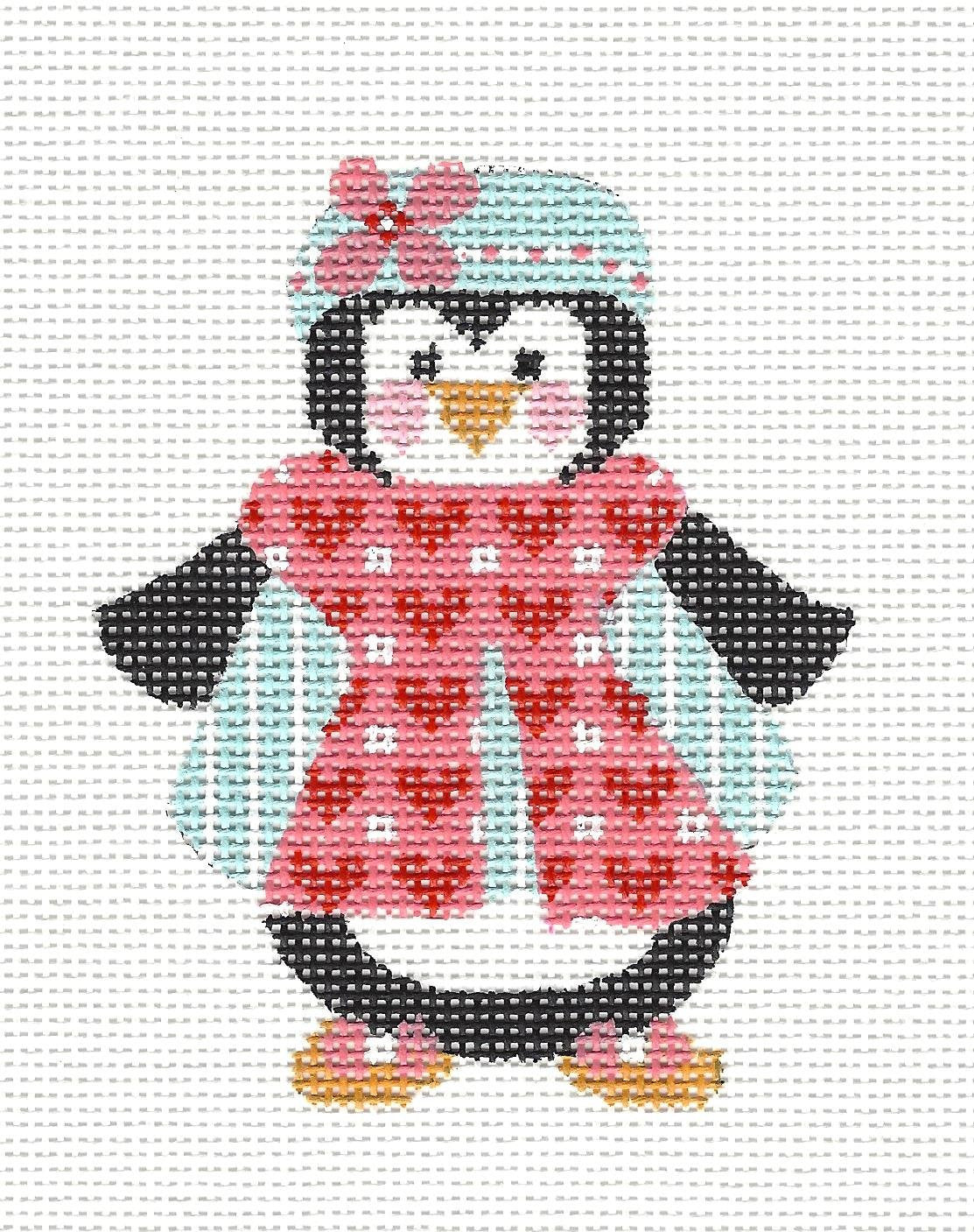 Penguin in Hearts Scarf Ornament with S/G on hand painted Needlepoint Canvas **SP. ORDER**