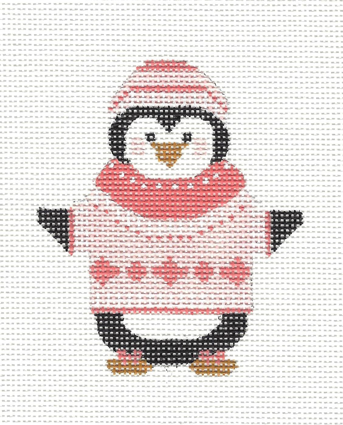 Penguin in Peach Ornament with S/G on hand painted Needlepoint Canvas **SP. ORDER**