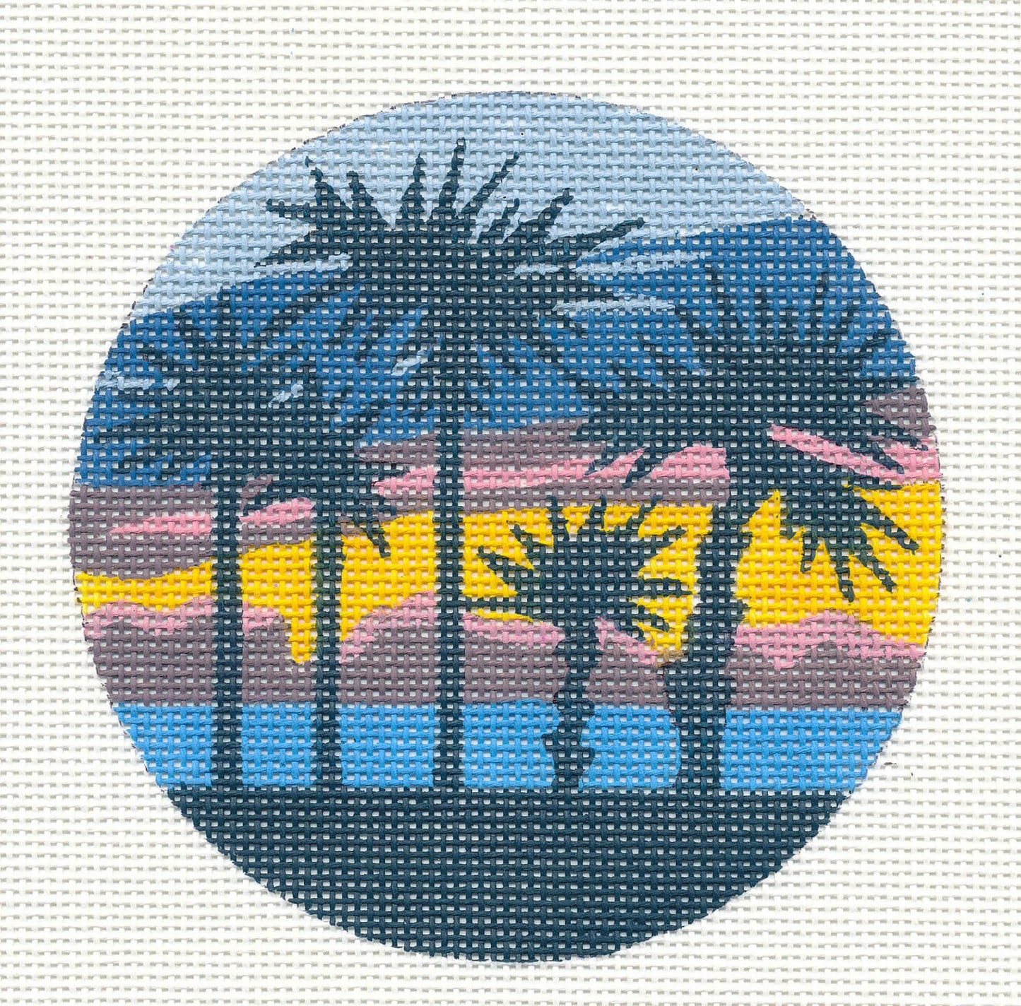 Round ~ Tropical Sunset Beach handpainted Needlepoint Canvas Ornament from Danji Designs