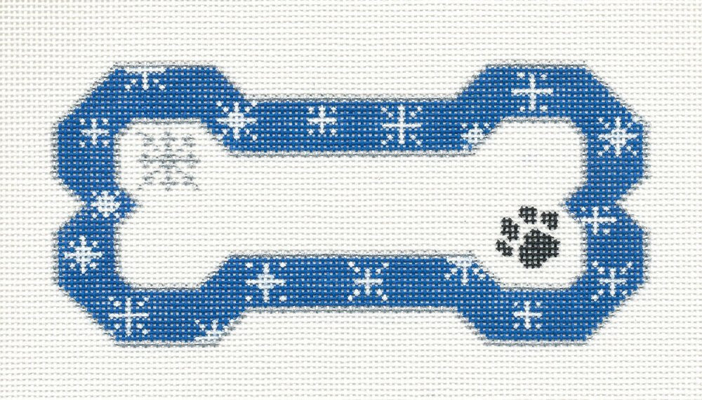 Dog Bone ~ Blue Snowflake & Paw Print handpainted 18 Mesh Needlepoint Canvas Ornament from Danji