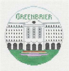 Travel Round ~ Greenbrier Resort in West Virginia 4" Rd. 18 Mesh handpainted Needlepoint Canvas by Kathy Schenkel