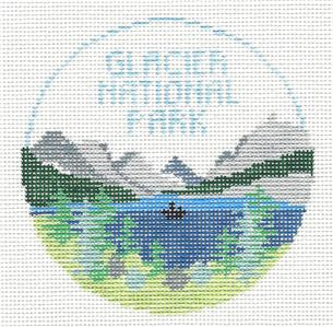 Travel Round ~ Glacier National Park MONTANA handpainted 18 Mesh 4" Rd. Needlepoint Canvas by Kathy Schenkel