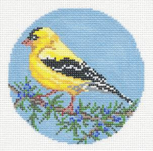 Bird Round ~ American Goldfinch Bird 4" Ornament handpainted 18 mesh Needlepoint Canvas by Needle Crossings