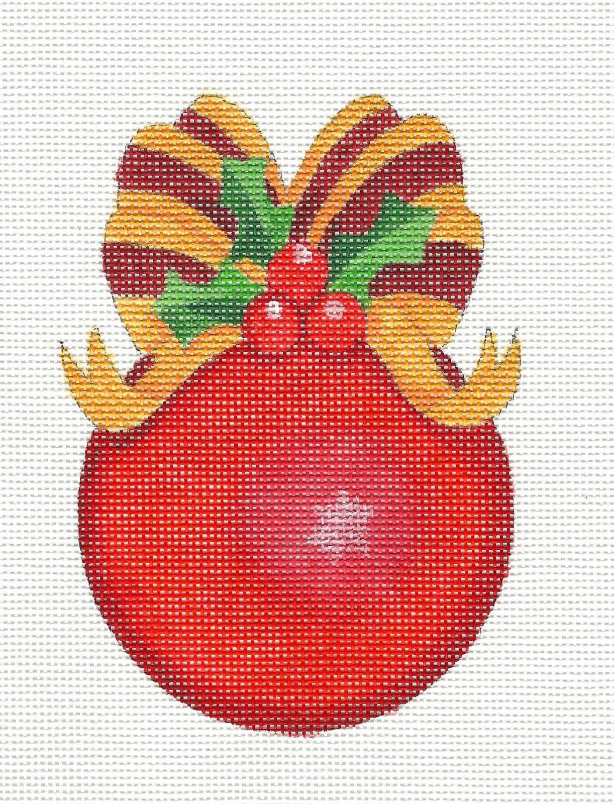Round~Red Ornament with Bow handpainted Needlepoint Canvas by Raymond Crawford