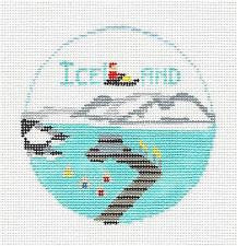 Travel Round ~ ICELAND 18 mesh handpainted 4" Rd. Needlepoint Canvas by Kathy Schenkel